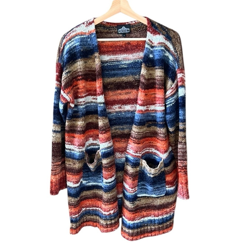 Angie Sz S Southwestern Color Way Wool Blend Open Front Long Line Cardigan